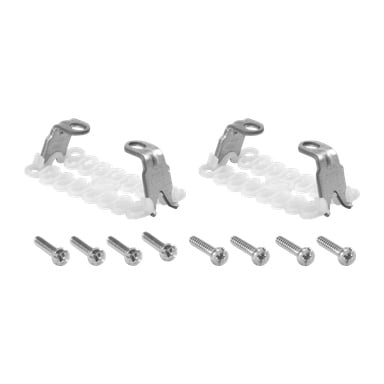 Zwei Schneider Electric Mounting Grips Exxact 2 Packs mit weißen Kunststoffscheiben, die in einer Reihe aufgereiht sind, jeweils mit sechs silbernen Schrauben vorne.