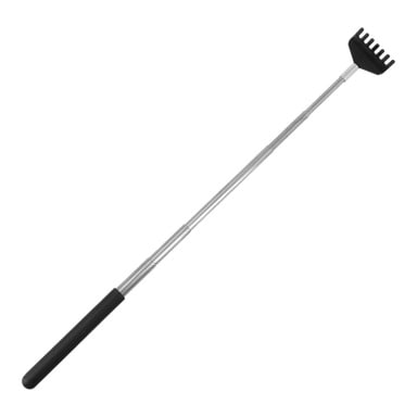 En metallteleskopisk bakåtskrapare med svart gummihandtag och ett litet rakformat huvud.