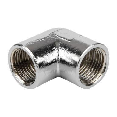 En blank 90-graders armbågsrörkoppling i metall med inre gängor i båda ändar, designad för att koppla ihop rör i rät vinkel.