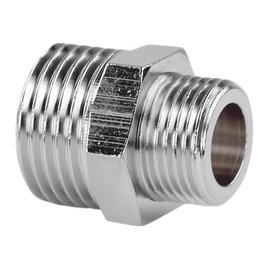 Glänsande metallröradapter med gängor i båda ändar och en central sexkantig sektion för åtdragning.