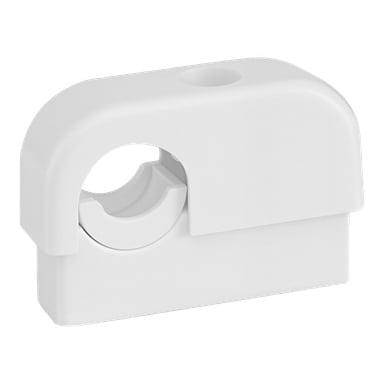 Vitt plastfäste med böjd topp och centralt runt hål, används för att säkra rör eller kablar.