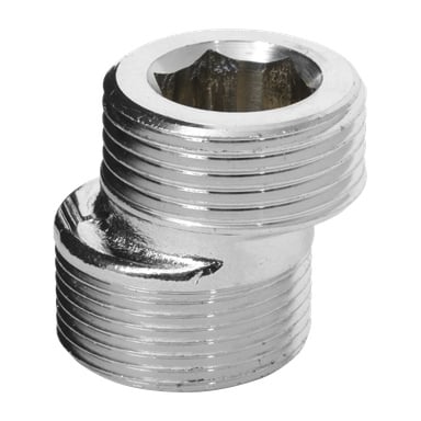Glänsande metallrörfitting med två gängade hanändar i rät vinkel, designad för att koppla ihop rördelar.