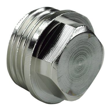 Metallisk sexkantig rörplugg med gängade sidor och platt ände, designad för att täta rör. Dess yta är blank och reflekterande.