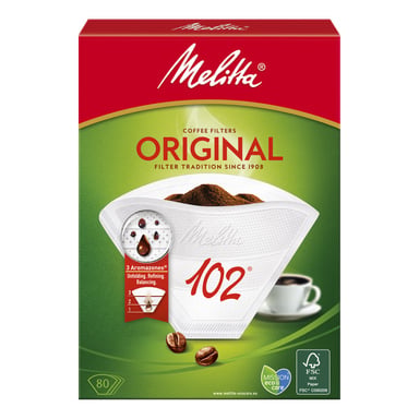 Låda med Melitta Original 102 kaffefilter, med ett fyllt filter, kaffebönor och en kaffekopp. Innehåller 80 filter.
