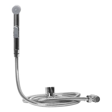 En silverfärgad handhållen bidetspruta med en flexibel metallslang, ett sprutmunstycke och ett fäste med koppling.