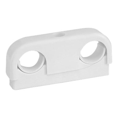 Vitt plastfäste med två runda hål och en central skruvspår uppe, med släta kanter och platt botten.