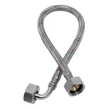 Flexibel flätad metallslang med sexkantiga kopplingar—en rak, en vinklad—plus sammanflätade röda och blå trådar.