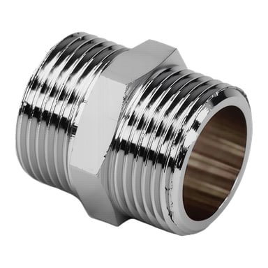 Närbild av en reflekterande metallrörskoppling, gängad i båda ändar, med ett centralt sexkantigt område för åtdragning.