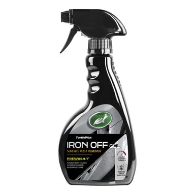 En svart Turtle Wax Iron Off Gel sprayflaska med avtryckarmunstycke; Etiketten visar förtvättsanvändning, tar bort bromsdamm, metalliska detaljer.