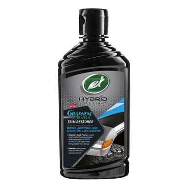 Svart flaska märkt Hybrid Solutions Graphene Acrylic Trim Restorer, med bilskärm och däck, för listrestaurering.