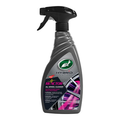 500 ml Hybrid Solutions Reactor All Wheel Cleaner i en svart og grå sprayflaske, etiketten viser produktdetaljer og hjulgrafikk.