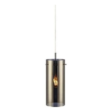 Anslut fönsterlampa, en cylindrisk hängare med tonad glasskärm och en synlig glödande glödtrådslampa.