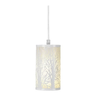 Anslut fönsterlampa, en cylindrisk hängdel med ett utskuret mönster av trädgrenar som lyser inifrån.