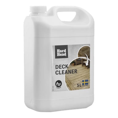 En vit 5-liters plastbehållare för Hard Head Deck Cleaner med handtag och skruvlock. Etiketten har en altan, en utomhusikon och en svensk flagga.