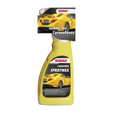En gul Sonax Spray Wax Carnauba-flaska med en etikett som visar en gul sportbil, detaljerad produktinformation och fokus på äkta carnaubavaxinnehåll.