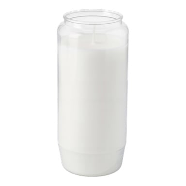 Unbeleuchtete weiße Kerze mit einem zentrierten Docht in einem hohen, klaren Glashalter mit geraden Seiten und einem sanft zulaufenden Sockel.