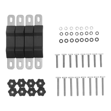 Taktält-kitet har fyra metallfästen med svarta lock, sexton bultar och brickor, åtta gummibrickor och åtta svarta rattar.