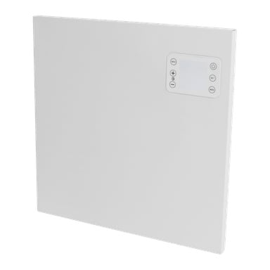 En vit rektangulär elektrisk panelvärmare med en digital kontrollpanel och fem knappar placerade i det övre högra hörnet.
