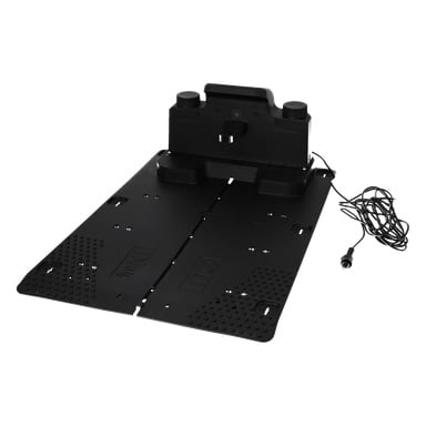 stacja ładowania robotycznych kosiarek posiada prostokątną podstawę, teksturowane pedały nożne, pokrętła sterujące oraz podłączony kabel.