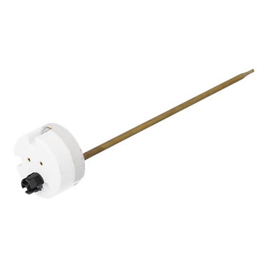 En vit och svart cylindrisk termostat på en lång mässingsstång, designad för att styra värmeelement i 50/100 l varmvattenberedare.