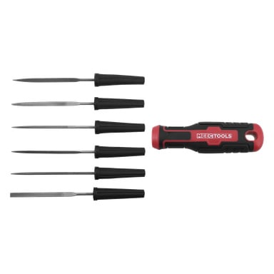 Seks metallfiler med svarte håndtak og én med rødt og svart MEEC TOOLS-håndtak, alle på rekke og side.