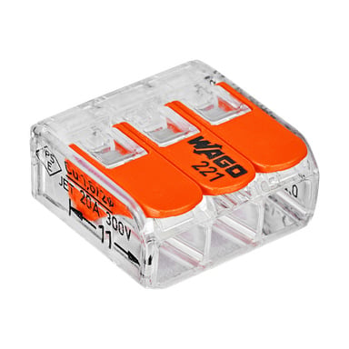 En genomskinlig Wago Splicing Connector 221-413 med tre orange spakar visar tydligt markerade specifikationer för 24A och 300V, med anslutningspunkter för ledningarna; såldes i paket om 12.