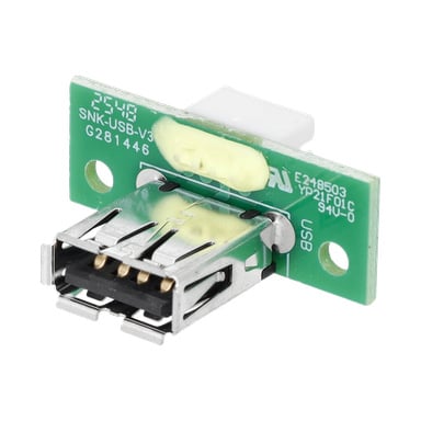 Zbliżenie na płytę USB oznaczoną SNK-USB-V3, z portem żeńskim USB Type-A, elektronicznymi etykietami oraz złączem z żółtym klejem.