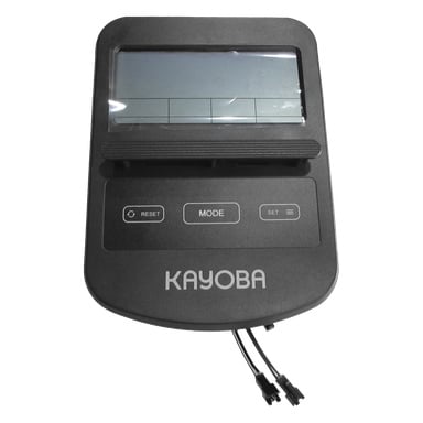 Musta KAYOBA-crosstrainer-tietokone, jossa on suuri näyttö, RESET-, MODE-, SET-painikkeet ja kaksi kaapelia roikkumassa alla.