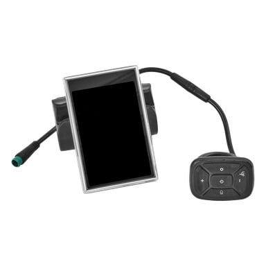 En elektrisk cykeldisplay med svart skärm och kopplade kablar är placerad bredvid en kompakt kontrollplatta med knappar för plus, minus, ström och horn.