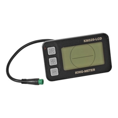Musta suorakaiteen muotoinen näyttölaite sähköpyörälle (King-Meter KM529-LCD), jossa on kolme painiketta ja näyttö, ja joka on yhdistetty sivukaapeliin, joka päättyy vihreäkärkiseen liittimeen.