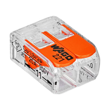 En klar plast Wago 221-412 skarvkontakt från ett paket med 16, utrustad med två orange spakar designade för att fästa elledningar. Sidan visar specifikationerna: 20A och 300V.
