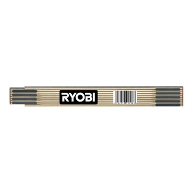 Ein Klapplineal mit einem Ryobi-Logo und einem Barcode-Etikett. Die hellen Holzsegmente haben dunkle Enden mit Maßen entlang der Oberseite.