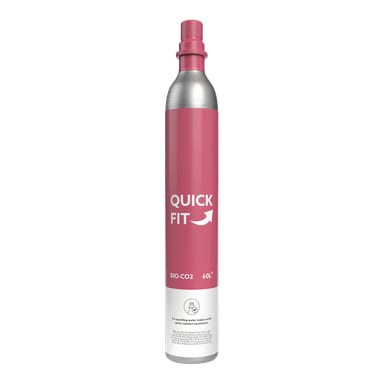 En metallbehållare med en rosa etikett som visar QUICK FIT, BIO-CO2, 60L, plus en pil- och koppgrafik; För bubbelvattenproducenter.