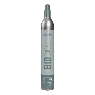 Grå Mysoda BIOCO2-cylinder med silverlock, märkt för upp till 60L kolsyra och 425g, med vit och mörkgrå text och ikoner.