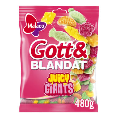 En rosa och vit påse Malaco Gott & Blandat Juicy Giants gummies med färgglada fruktformer på bilden och en 480g etikett.