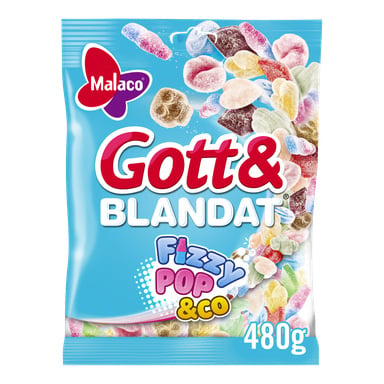 En 480 g påse Malaco Gott & Blandat Fizzy Pop & Co-godis i blå förpackning med färgglada gummies och Malaco-loggan uppe till vänster.