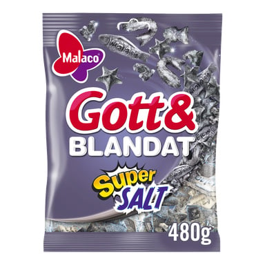 Malaco Gott & Blandat Super Salt-godispåse med svarta och vita saltlakritsbitar, lila-röd-gul design, 480g.