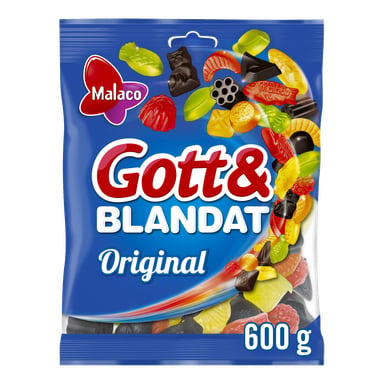 Blå påse Malaco Gott & Blandat Original-godis med färgglada gummies och lakrits på förpackningen, 600g visas nere till höger.