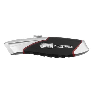 En uttrekkbar universalkniv med svart og sølvfarget kropp, røde høydepunkter, teksturert grep, skyveknapp og MEECTOOLS-logo.