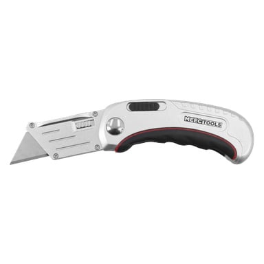 Silverfärgad hobbykniv med svart och rött gummihandtag, infällbart blad och Mec Tools-märkning på sidan.