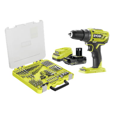 Ryobi sladdlös borr, batteri, laddare och gult fodral med olika borr- och skruvmejselbits är prydligt arrangerade tillsammans.