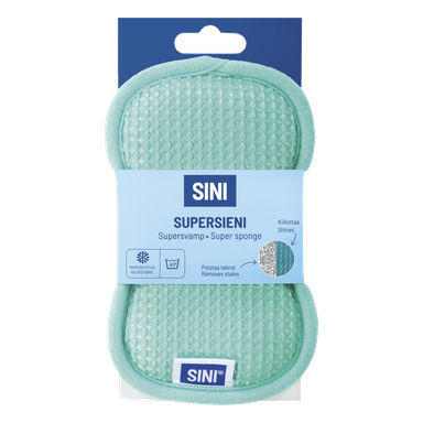 En pakket lys grønn SINI mikrofiber supersvamp med merke, produktnavn og ikoner for flekkfjerning og 40°C vaskbarhet.