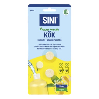 Blå og gul "SINI Planet Friendly KÖK"-pakke med sitronskiver, oppløsende tabletter, flaskeikon; Vegansk sitronpåfyllingsrens.
