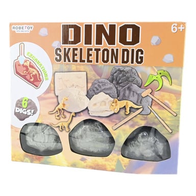 Dino Skeleton Dig-leksaksset för 6+ år, inkluderar verktyg, dinosaurieskelett och sex grävkit. Lådan visar leksaksdelar och grävsteg.