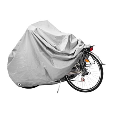 En cykel är delvis skyddad av ett grått lock, vilket blottar dess bakhjul, pedaler och en del av ramen.
