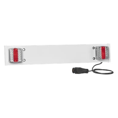 Rektangulært hvitt metallpanel med røde og hvite LED-baklys i hver ende, med en svart kabel og rund flerpinners kontakt.