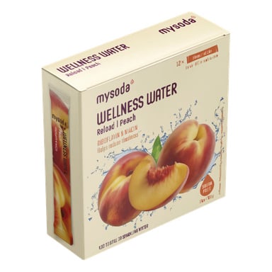 En ask Mysoda Wellness Water-smak fastnar i persika, med hela och skivade persikor samt text om vitaminer och att vara sockerfri.