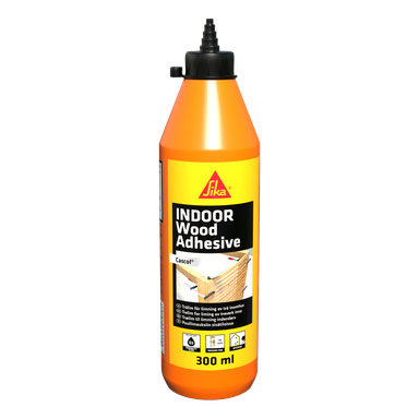 En 300 ml Sika Indoor Wood Adhesive-flaska med spetsig munstycke, med en gul-orange etikett och diagram över limmade träfogar.
