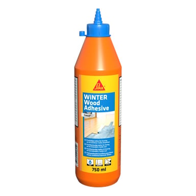 En orange 750 ml flaska Sika Winter Wood Adhesive med blått munstycke, gulblå etikett och bild av trägolv.