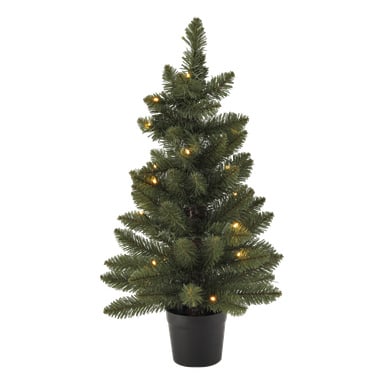 En liten konstgjord julgran i en svart kruka, prydd med flera varma vita lampor.